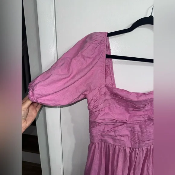 Abercrombie & Fitch Emerson Linen-Blend Puff Sleeve Midi Dress in Pink Size L - Picture 13 of 16